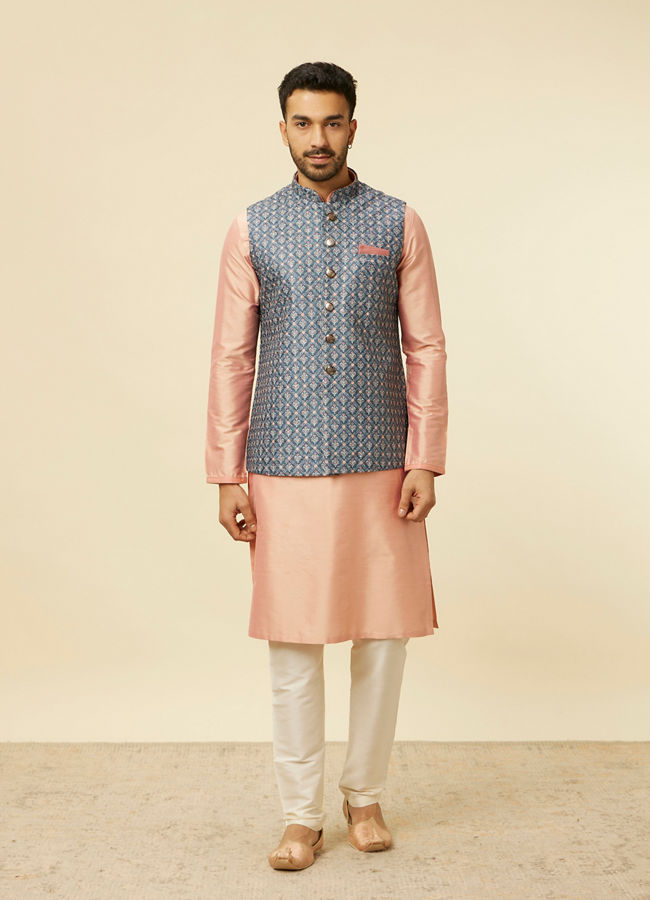 alt message - Manyavar Men Teal Blue Jaal Patterned Chikankari Embroidered Jacket image number 2