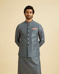 Manyavar Men Teal Blue Jaal Patterned Chikankari Embroidered Jacket