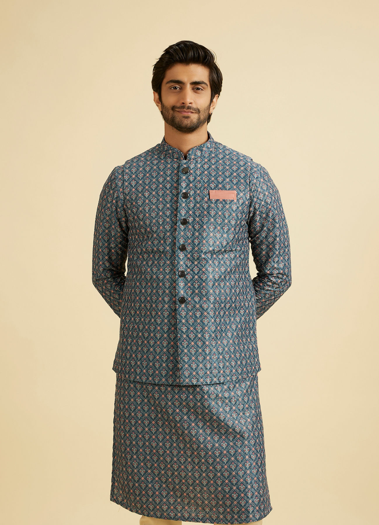 Manyavar Men Teal Blue Jaal Patterned Chikankari Embroidered Jacket