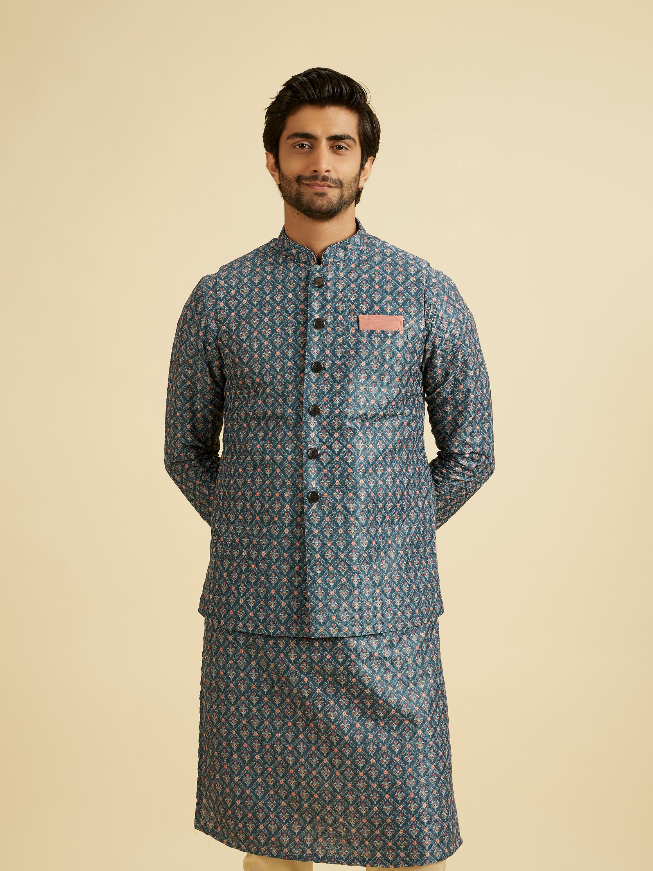 Manyavar Men Teal Blue Jaal Patterned Chikankari Embroidered Jacket