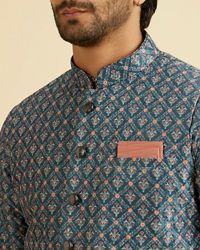 Manyavar Men Teal Blue Jaal Patterned Chikankari Embroidered Jacket