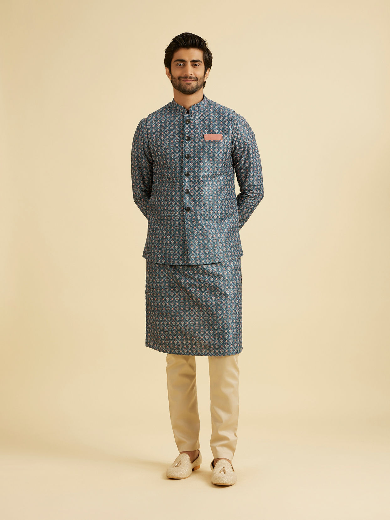 Manyavar Men Teal Blue Jaal Patterned Chikankari Embroidered Jacket