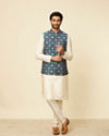 alt message - Manyavar Men Teal Blue Grid Patterned Jacket image number 2