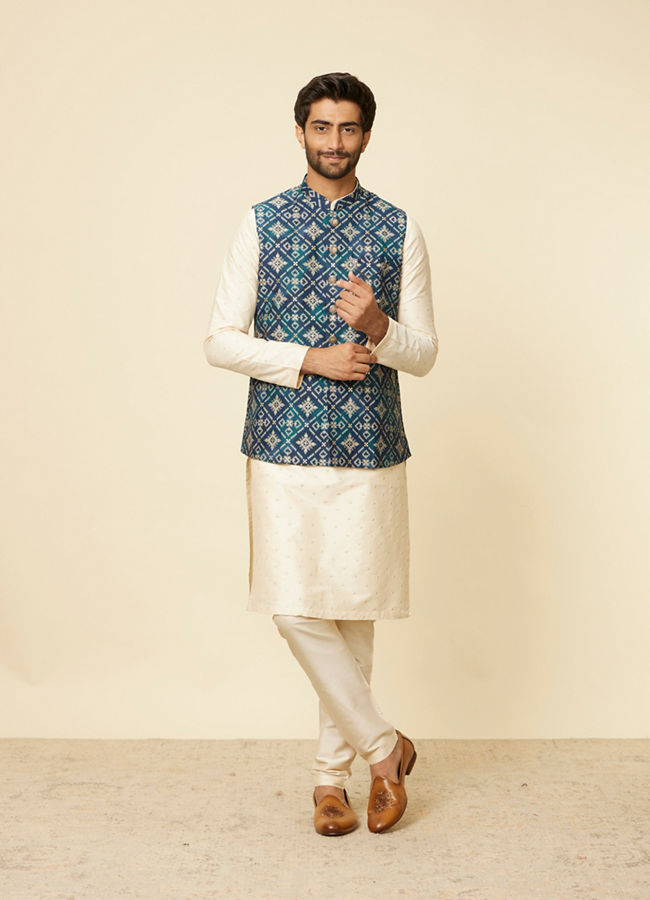 alt message - Manyavar Men Teal Blue Grid Patterned Jacket image number 2