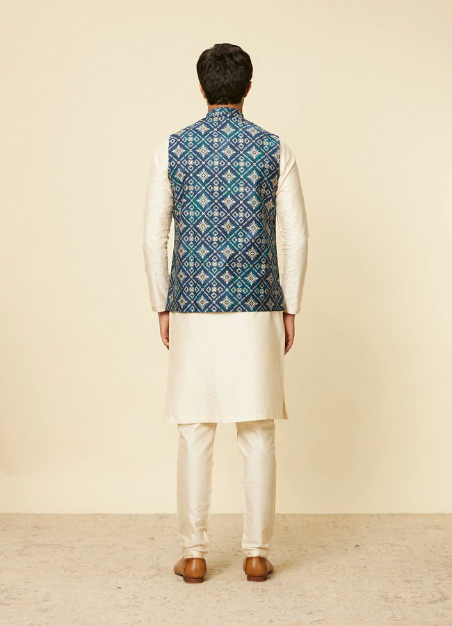 alt message - Manyavar Men Teal Blue Grid Patterned Jacket image number 3