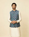 alt message - Manyavar Men Teal Blue Grid Patterned Jacket image number 0