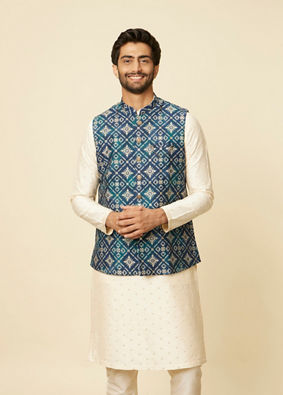 alt message - Manyavar Men Teal Blue Grid Patterned Jacket