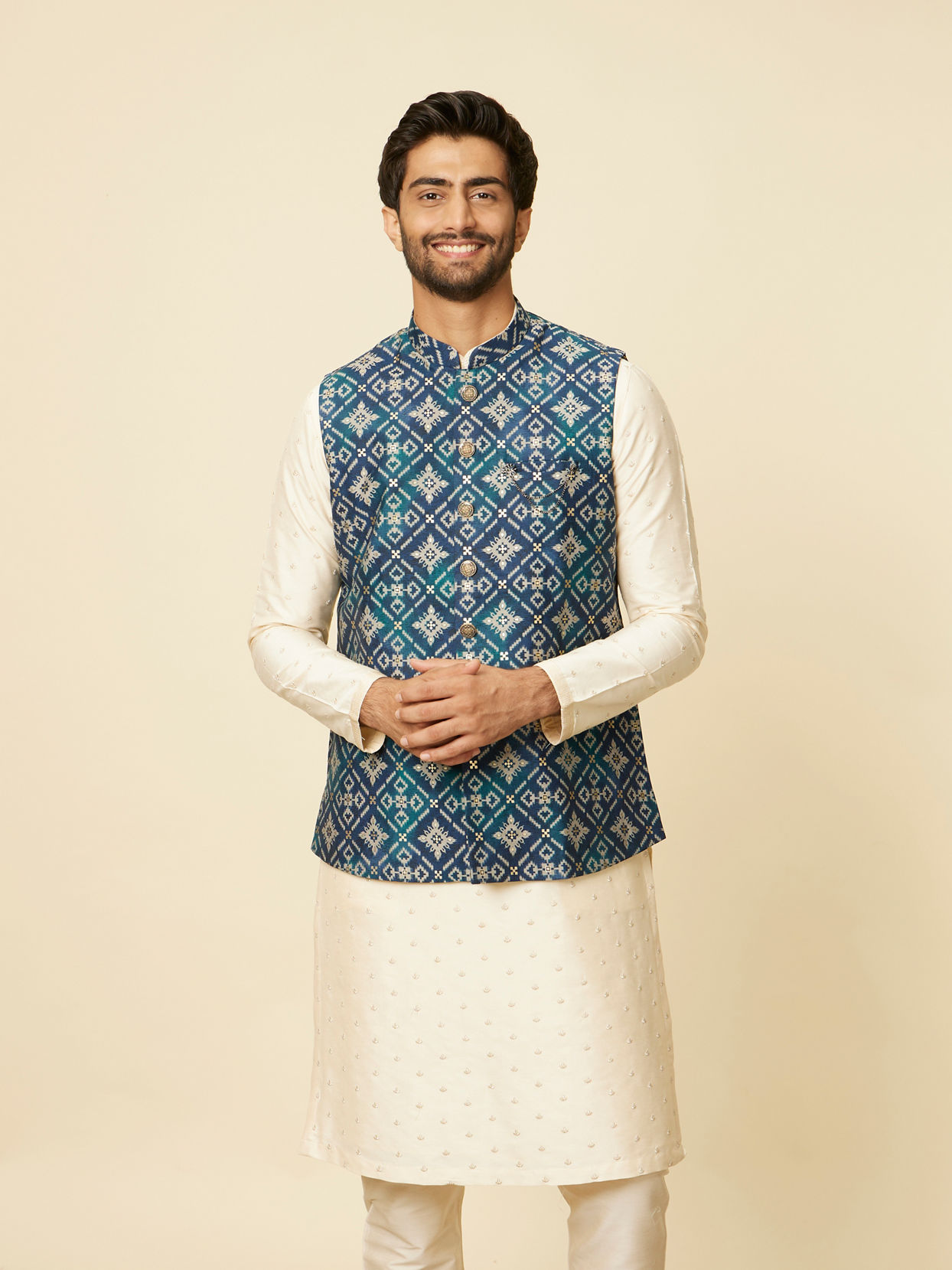 alt message - Manyavar Men Teal Blue Grid Patterned Jacket image number 0