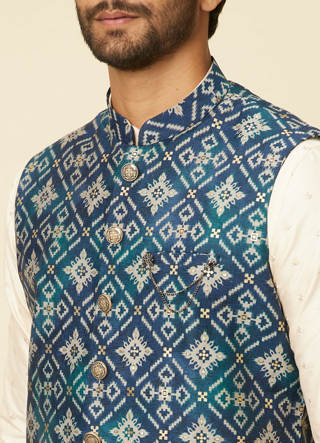 alt message - Manyavar Men Teal Blue Grid Patterned Jacket image number 1