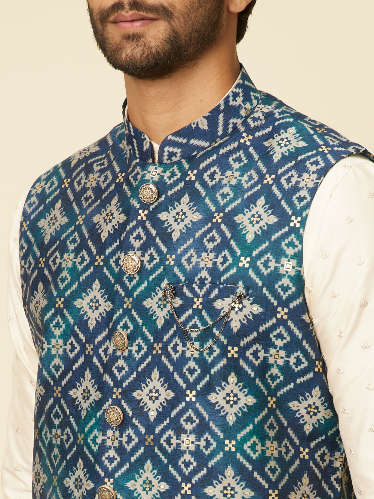 alt message - Manyavar Men Teal Blue Grid Patterned Jacket image number 1