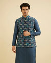 Manyavar Men Teal Blue Grid Patterned Jacket image number 0