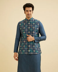 Manyavar Men Teal Blue Grid Patterned Jacket