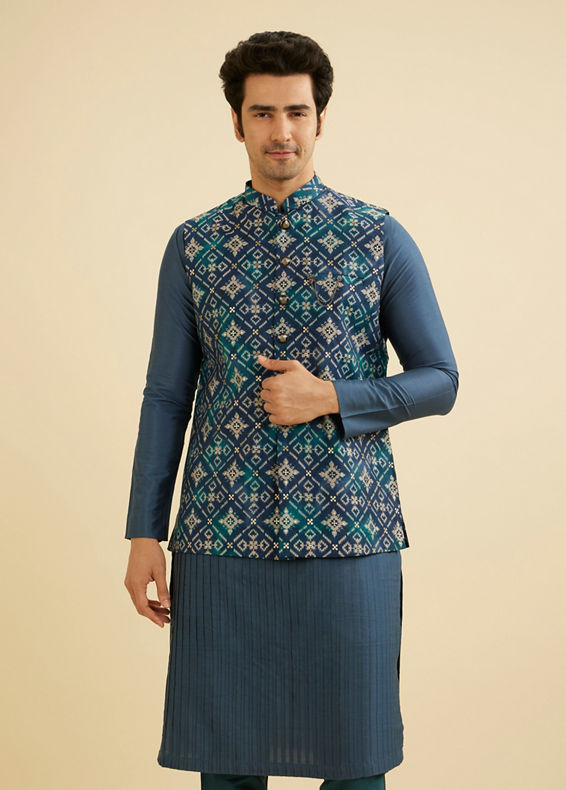 Manyavar Men Teal Blue Grid Patterned Jacket