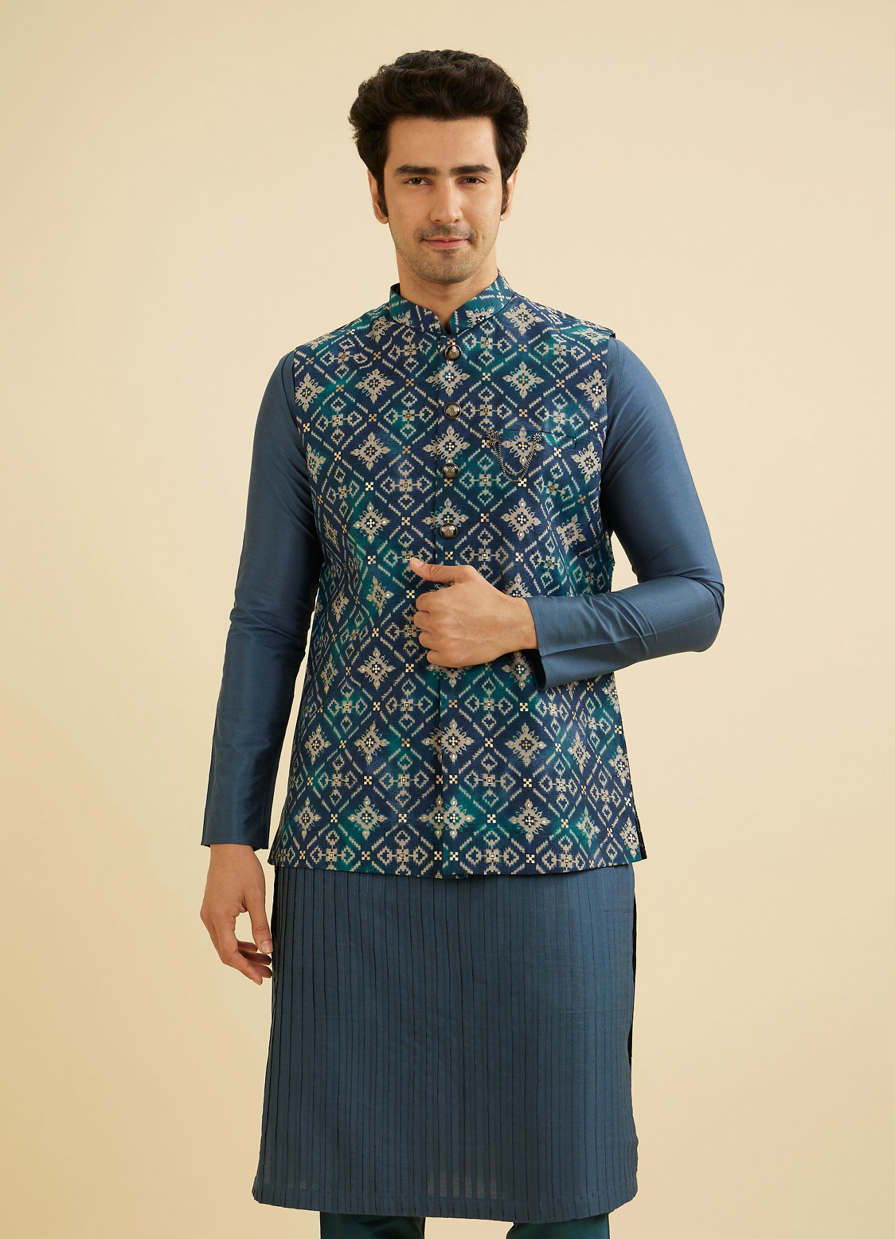 Manyavar Men Teal Blue Grid Patterned Jacket