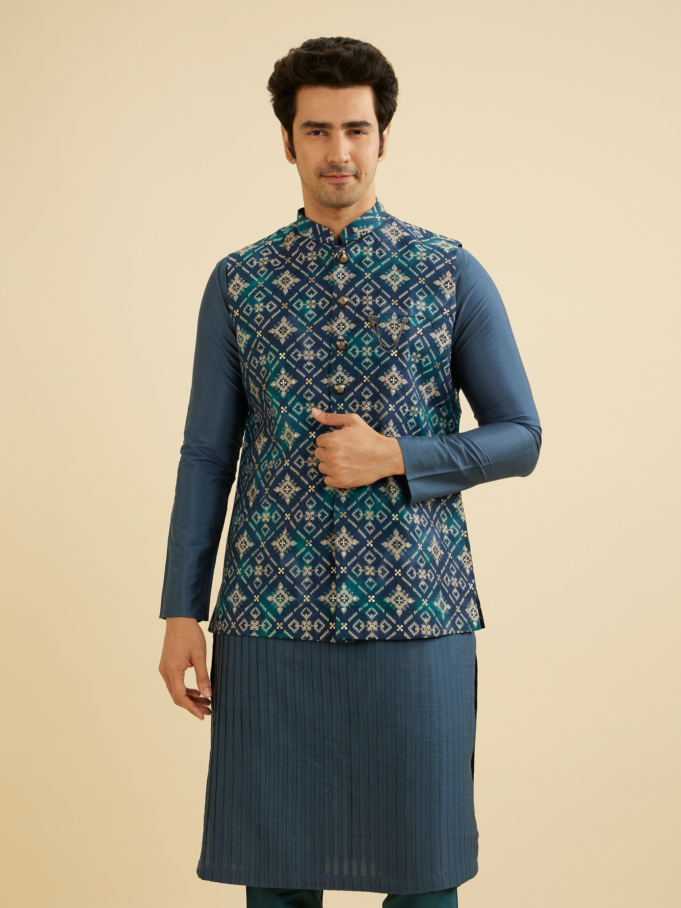 Manyavar Men Teal Blue Grid Patterned Jacket