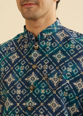 Manyavar Men Teal Blue Grid Patterned Jacket image number 1