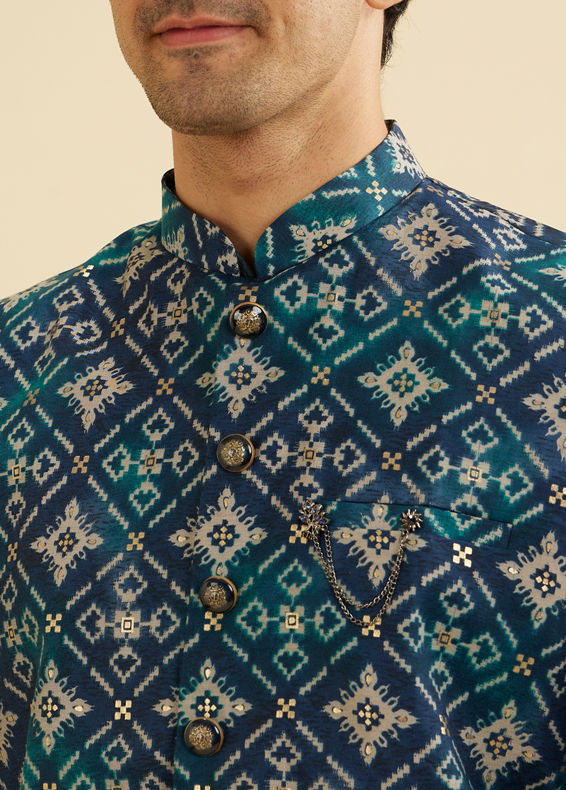 Manyavar Men Teal Blue Grid Patterned Jacket