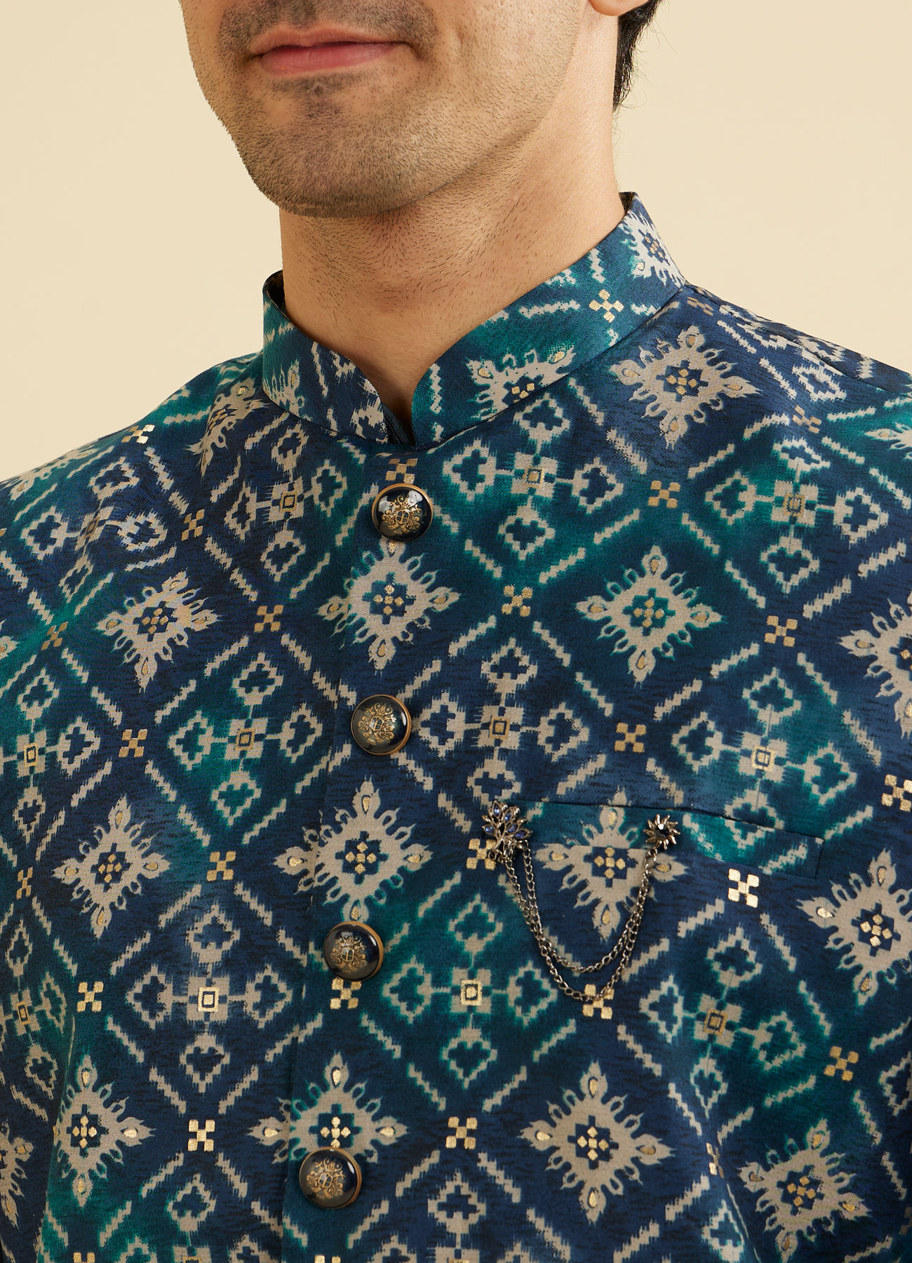 Manyavar Men Teal Blue Grid Patterned Jacket