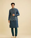 Manyavar Men Teal Blue Grid Patterned Jacket image number 2