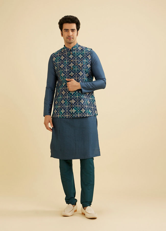 Manyavar Men Teal Blue Grid Patterned Jacket