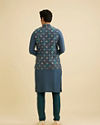 Manyavar Men Teal Blue Grid Patterned Jacket image number 4