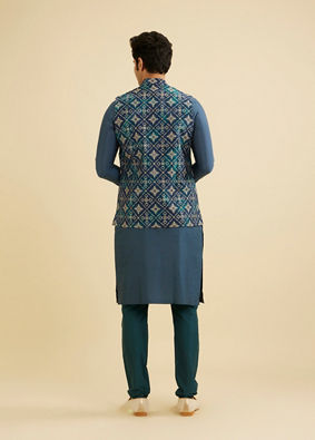 Manyavar Men Teal Blue Grid Patterned Jacket image number 3