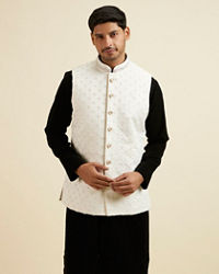 Manyavar Men Elegant White Nehru Jacket with Hand Embroidery and Cutdana Work