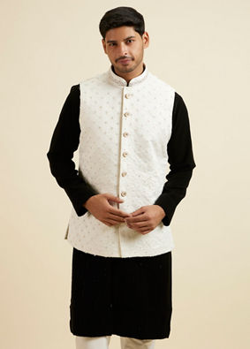 alt message - Manyavar Men Elegant White Nehru Jacket with Hand Embroidery and Cutdana Work image number 0