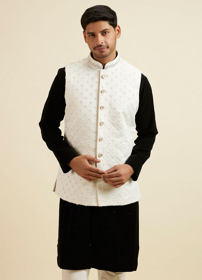 Manyavar Men Elegant White Nehru Jacket with Hand Embroidery and Cutdana Work