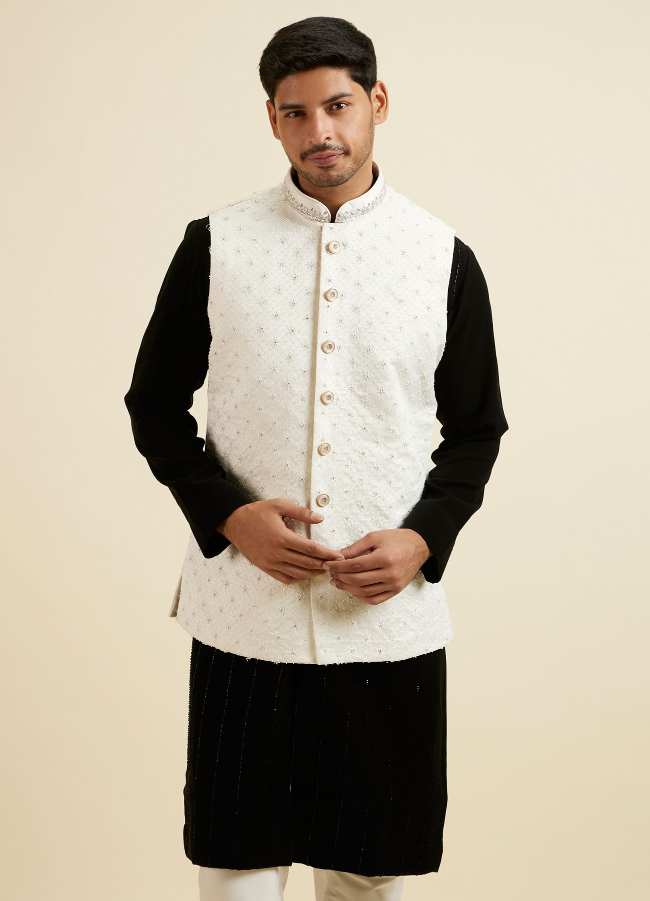 Manyavar Men Elegant White Nehru Jacket with Hand Embroidery and Cutdana Work