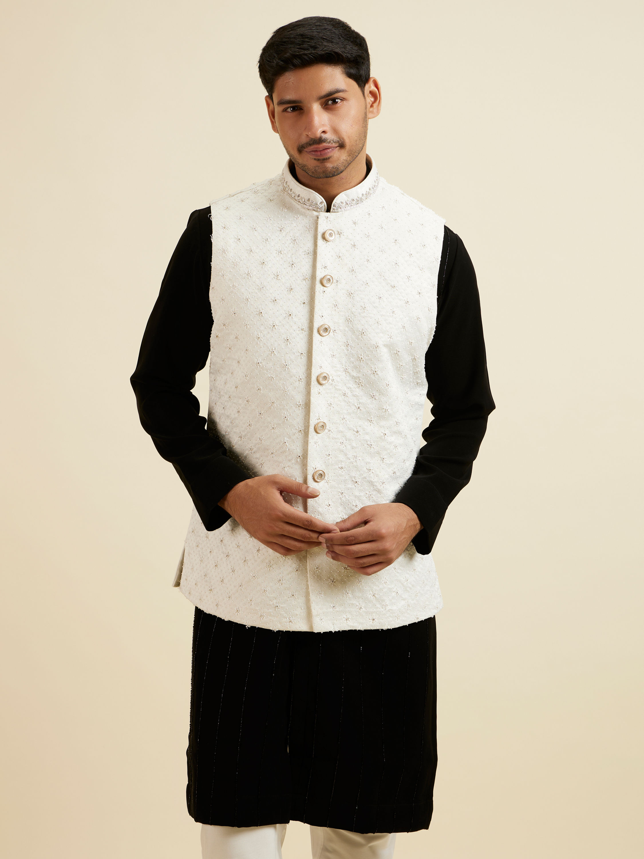 Manyavar Men Elegant White Nehru Jacket with Hand Embroidery and Cutdana Work