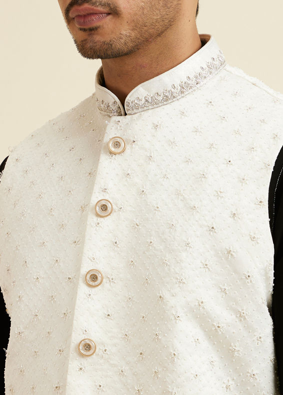 Manyavar Men Elegant White Nehru Jacket with Hand Embroidery and Cutdana Work