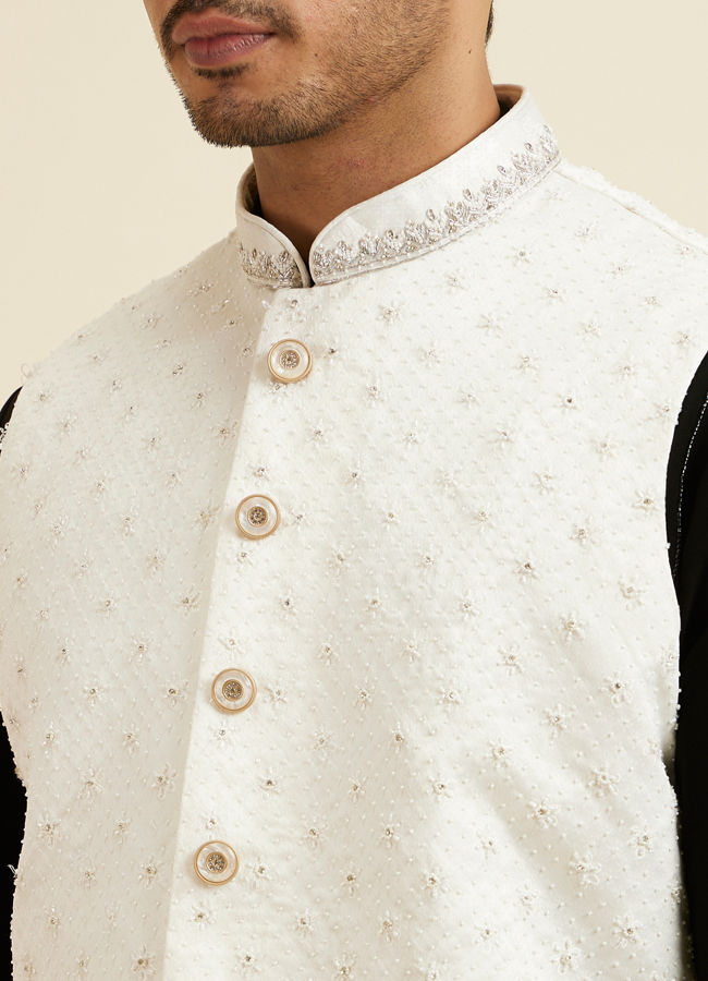 alt message - Manyavar Men Elegant White Nehru Jacket with Hand Embroidery and Cutdana Work image number 1