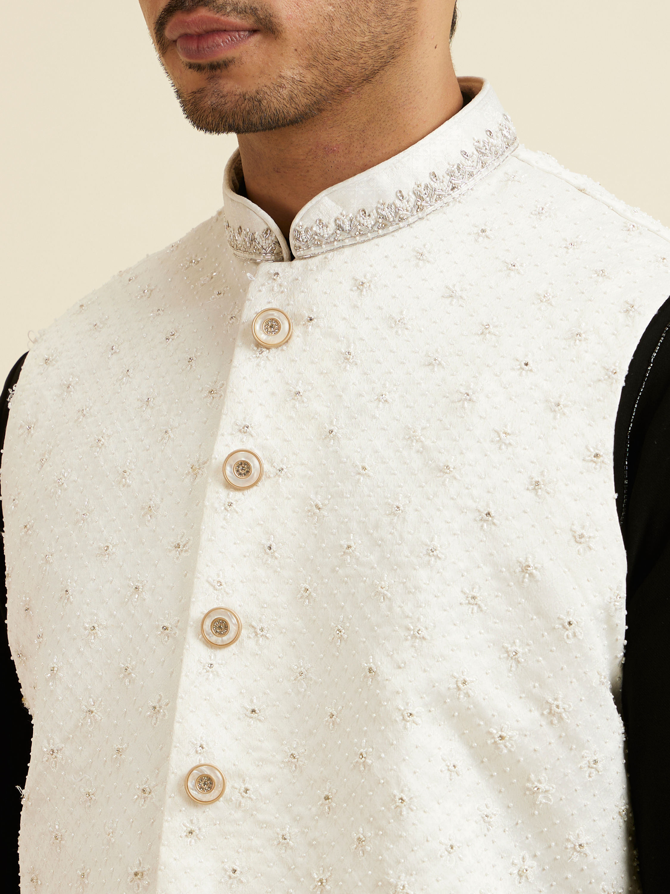 Manyavar Men Elegant White Nehru Jacket with Hand Embroidery and Cutdana Work