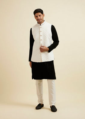 alt message - Manyavar Men Elegant White Nehru Jacket with Hand Embroidery and Cutdana Work image number 2