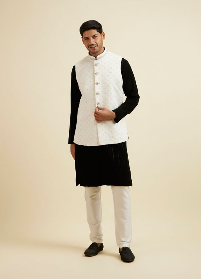 alt message - Manyavar Men Elegant White Nehru Jacket with Hand Embroidery and Cutdana Work image number 2