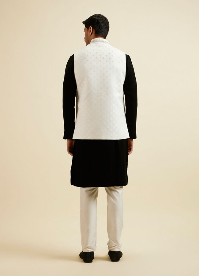 Manyavar Men Elegant White Nehru Jacket with Hand Embroidery and Cutdana Work