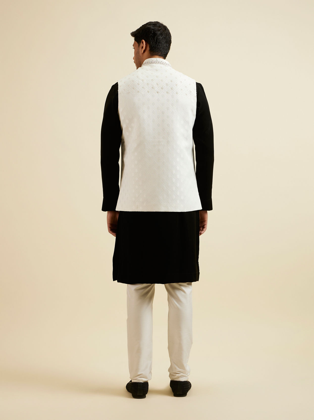 Manyavar Men Elegant White Nehru Jacket with Hand Embroidery and Cutdana Work