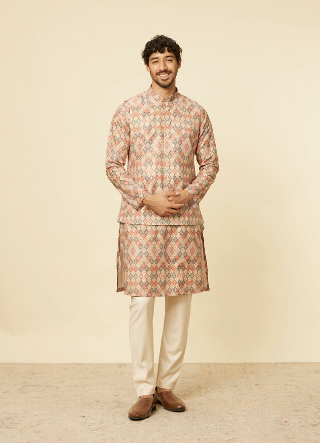 Manyavar Men Sand Beige Grid Patterned Jacket
