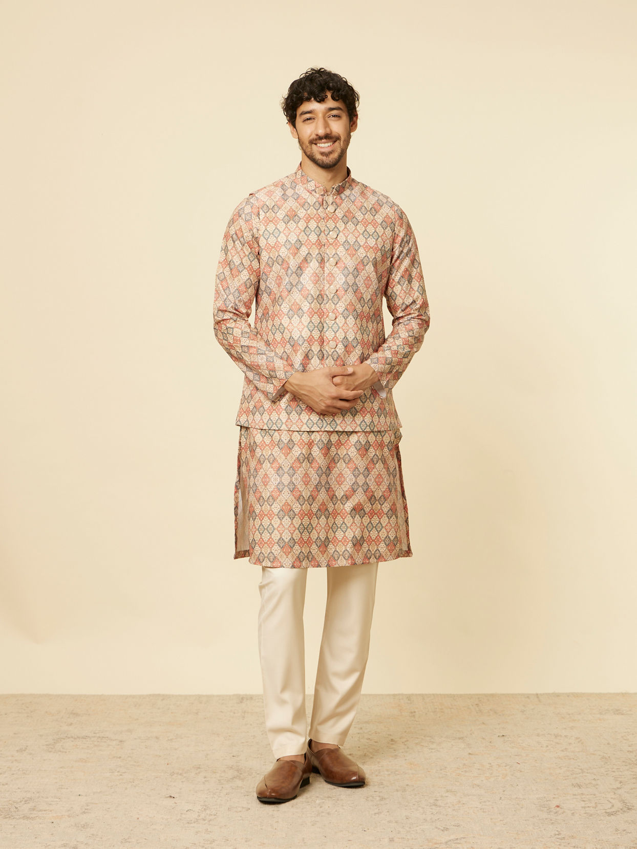 Manyavar Men Sand Beige Grid Patterned Jacket