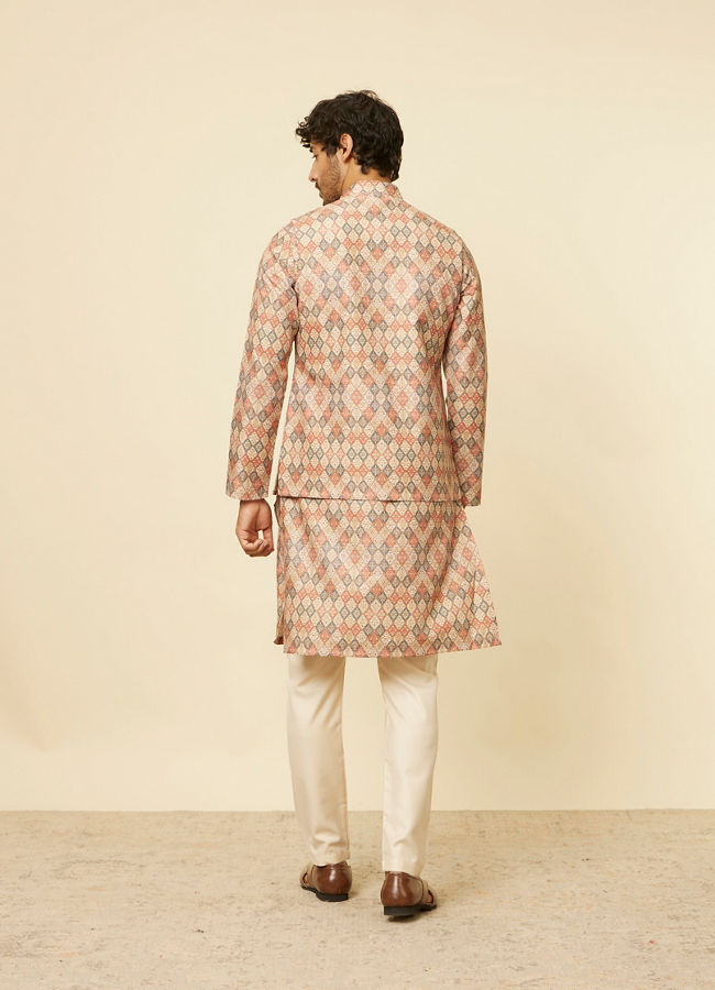 Manyavar Men Sand Beige Grid Patterned Jacket