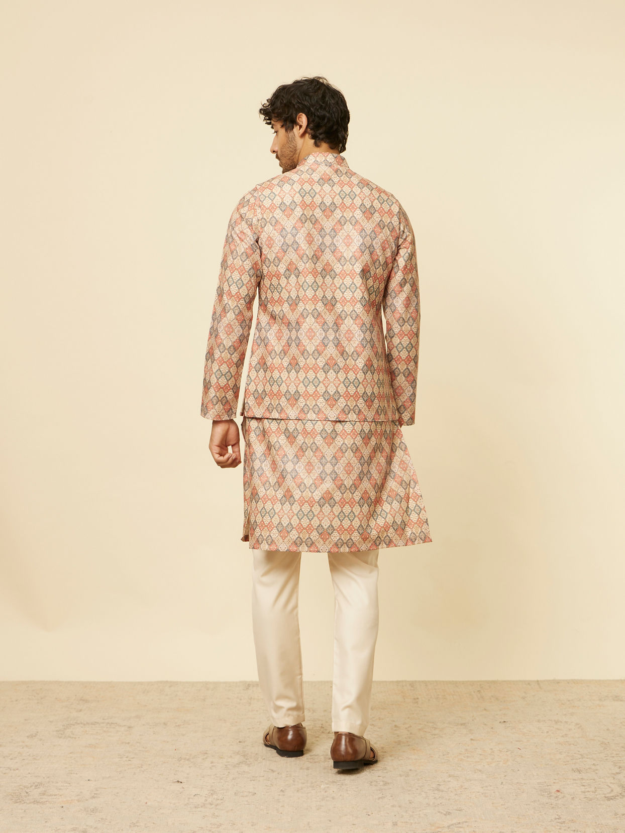 Manyavar Men Sand Beige Grid Patterned Jacket