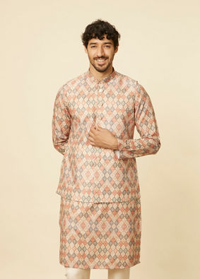 alt message - Manyavar Men Sand Beige Grid Patterned Jacket