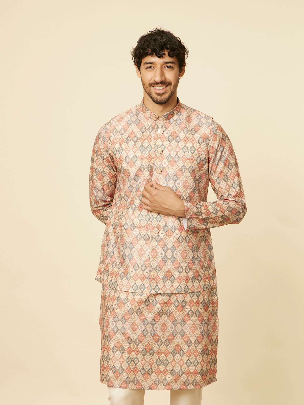 Manyavar Men Sand Beige Grid Patterned Jacket