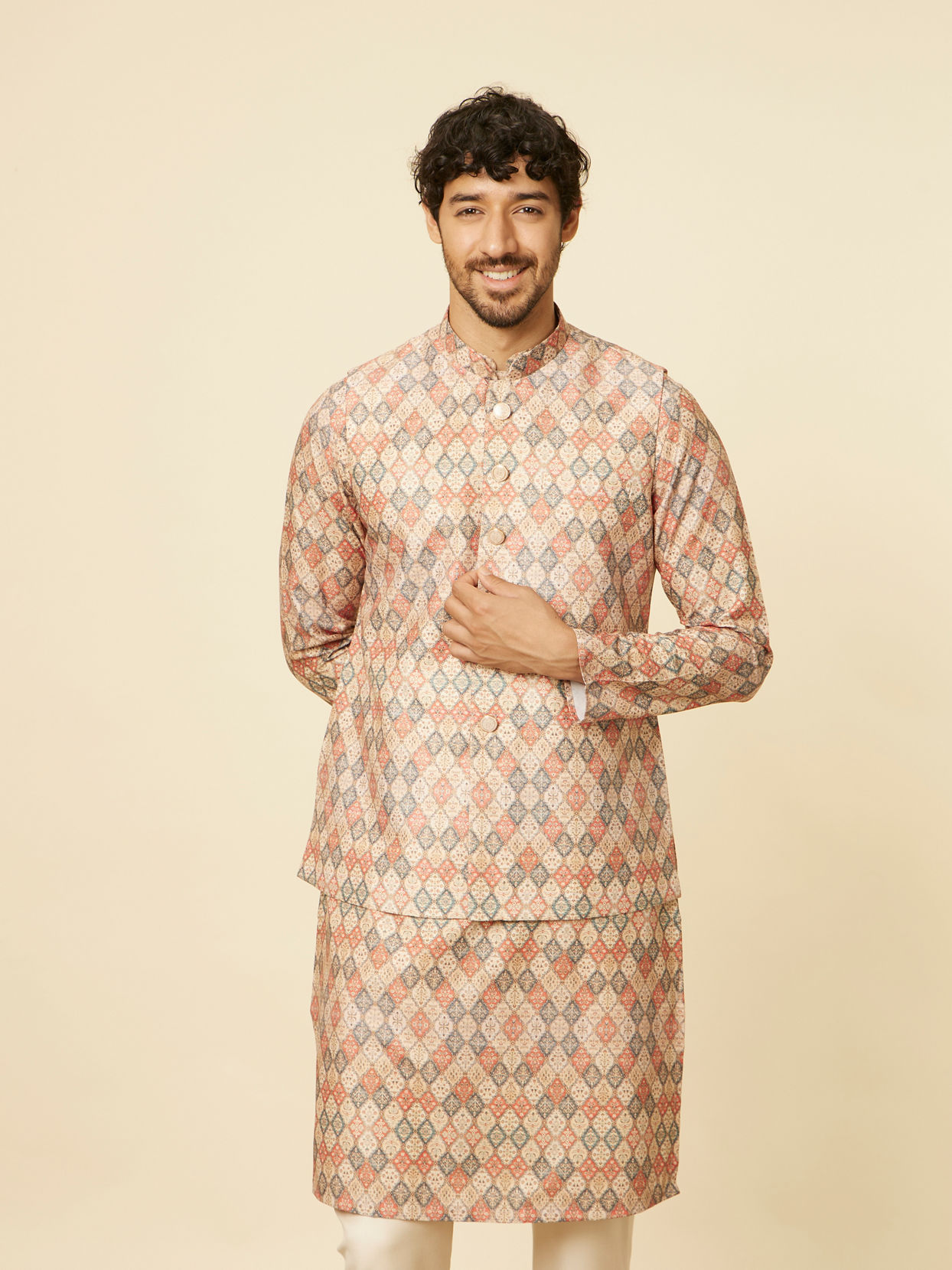 alt message - Manyavar Men Sand Beige Grid Patterned Jacket image number 0