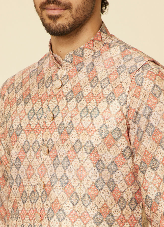 Manyavar Men Sand Beige Grid Patterned Jacket