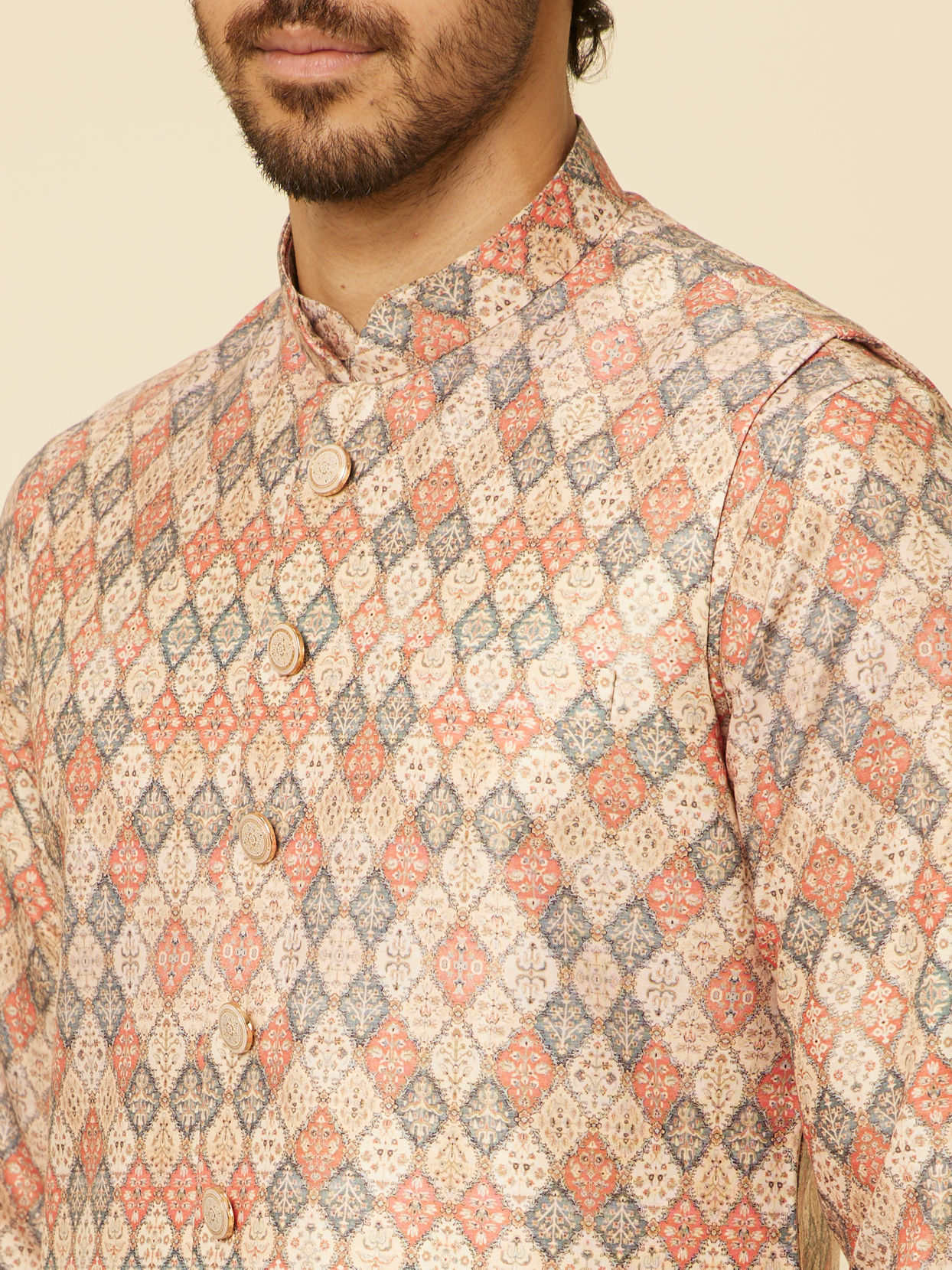 Manyavar Men Sand Beige Grid Patterned Jacket