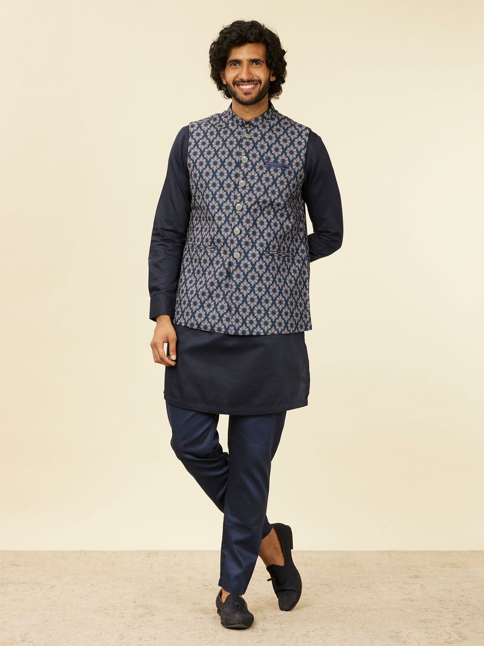Manyavar Men Dark Blue Medallion Printed Nehru Jacket