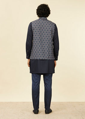 Manyavar Men Dark Blue Medallion Printed Nehru Jacket image number 3