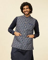 Manyavar Men Dark Blue Medallion Printed Nehru Jacket